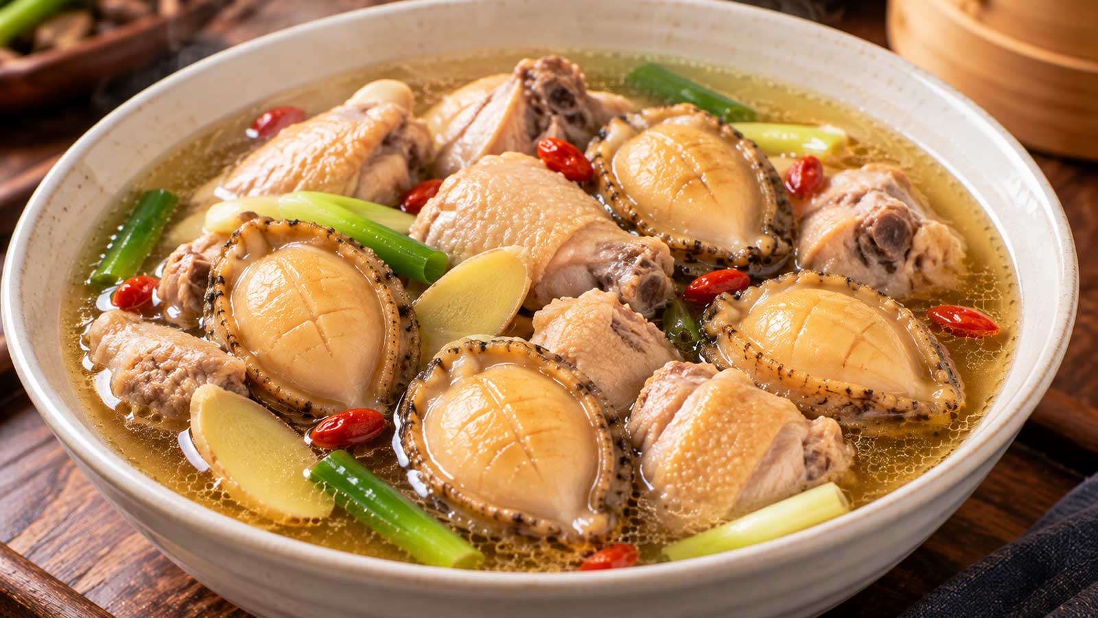 鮑魚與雞肉熬煮完成的鮑魚雞湯