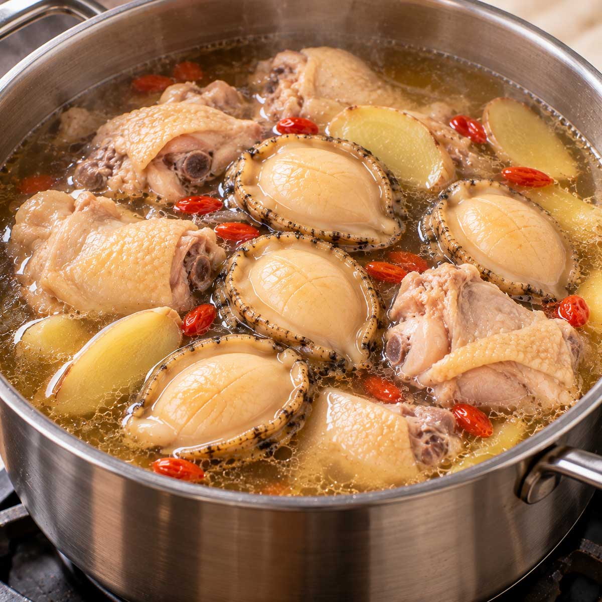 雞肉湯中後加入鮑魚加熱的料理步驟