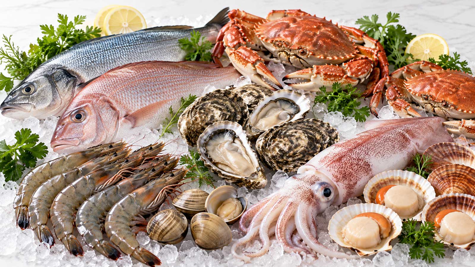 北投海鮮買賣平台首頁主圖，呈現魚類、蝦蟹、貝類與常見水產
