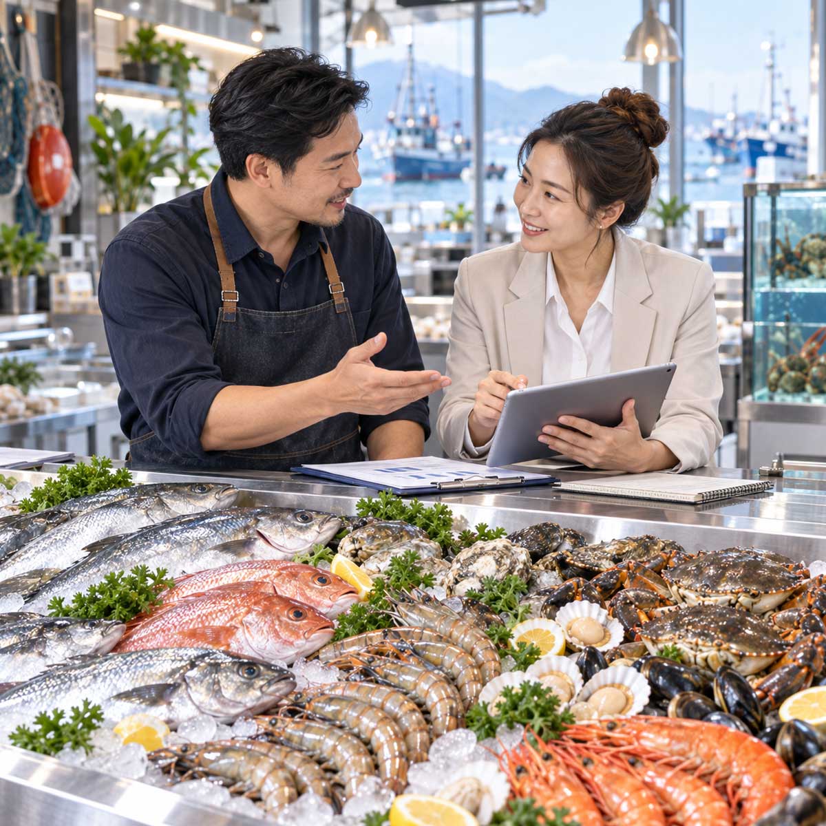 海鮮店老闆與海鮮店老闆娘合作洽談