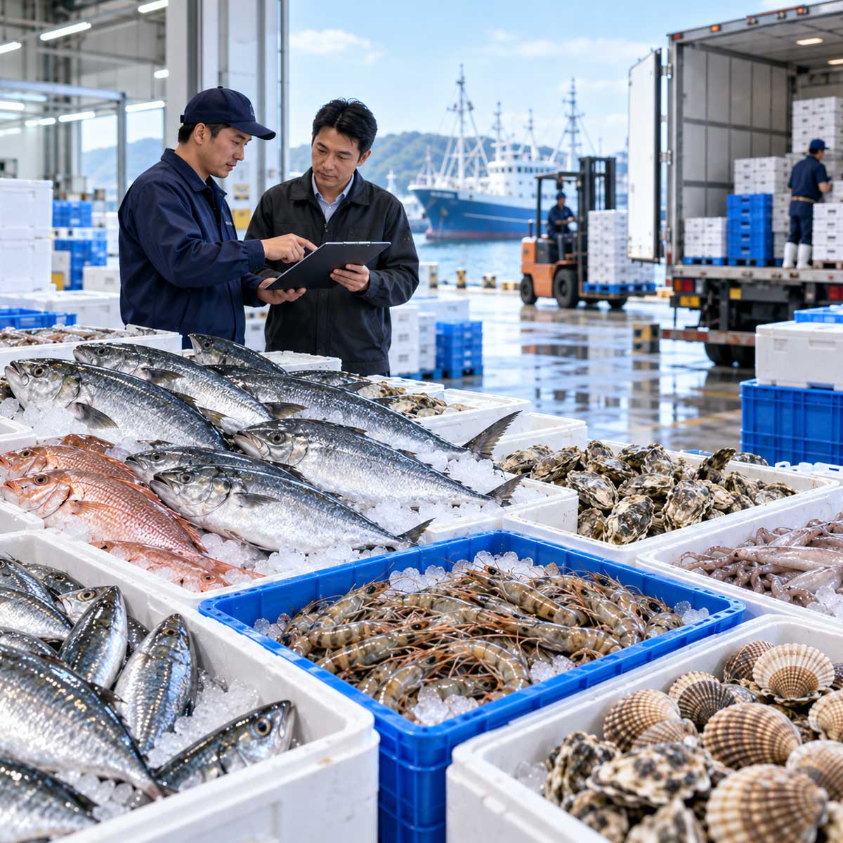 海鮮供應商與水產批發商洽談魚貨與冷凍水產合作