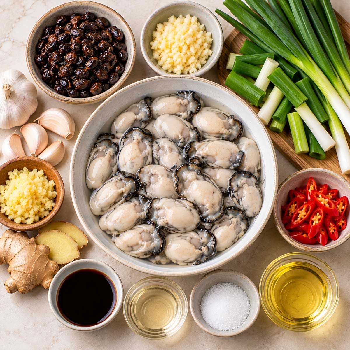 豆豉蚵材料:去殼蚵仔、豆豉、蒜、薑、蔥及豆腐