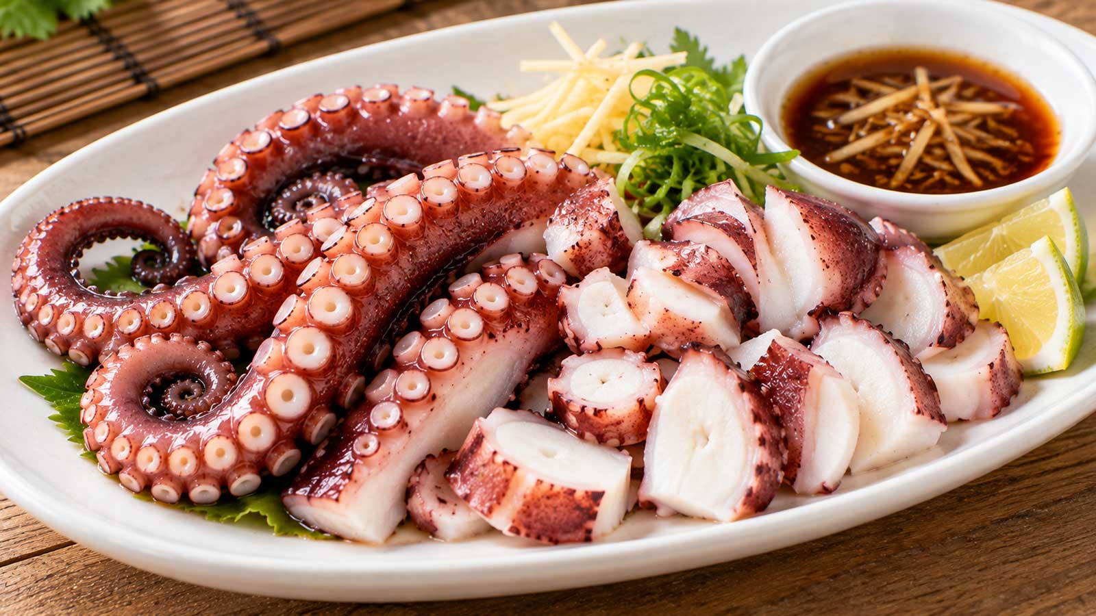 白灼章魚完成料理，熟章魚切片搭配沾醬盛盤