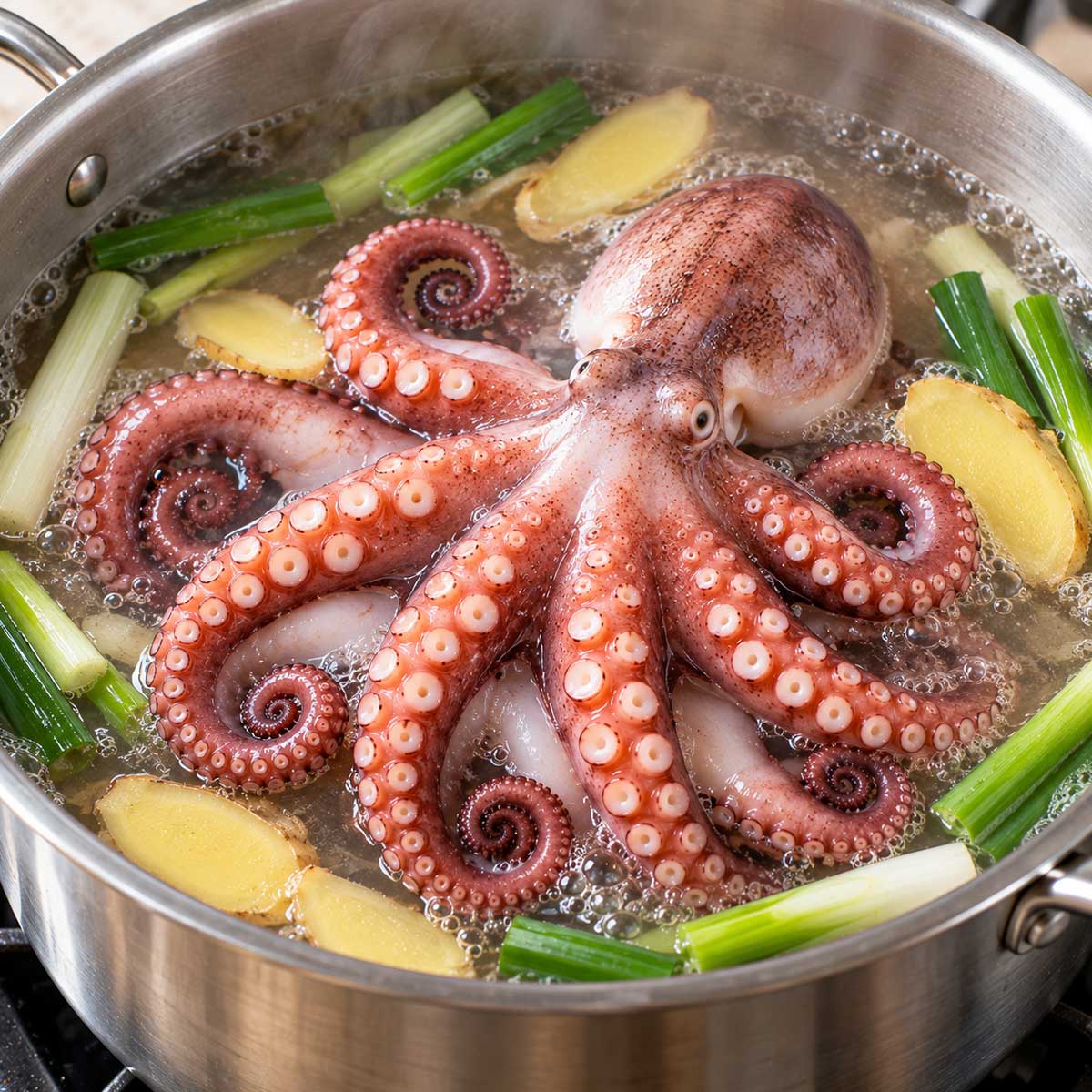 白灼章魚關鍵步驟：章魚在熱水中保持微滾