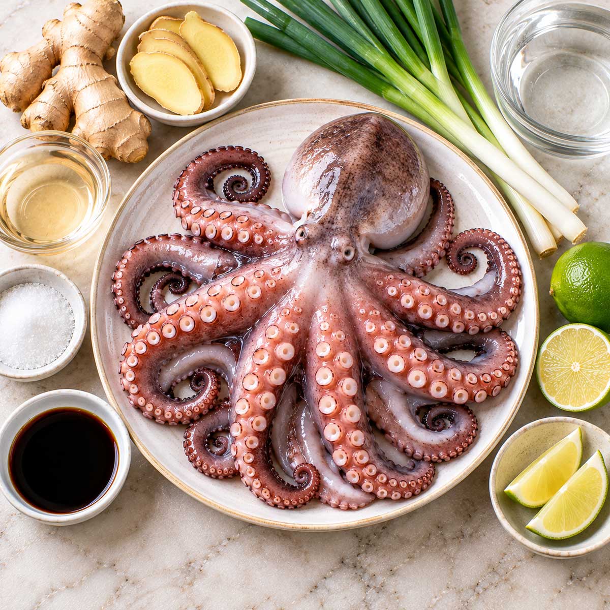 白灼章魚材料：生章魚、薑片、米酒、醬油與檸檬