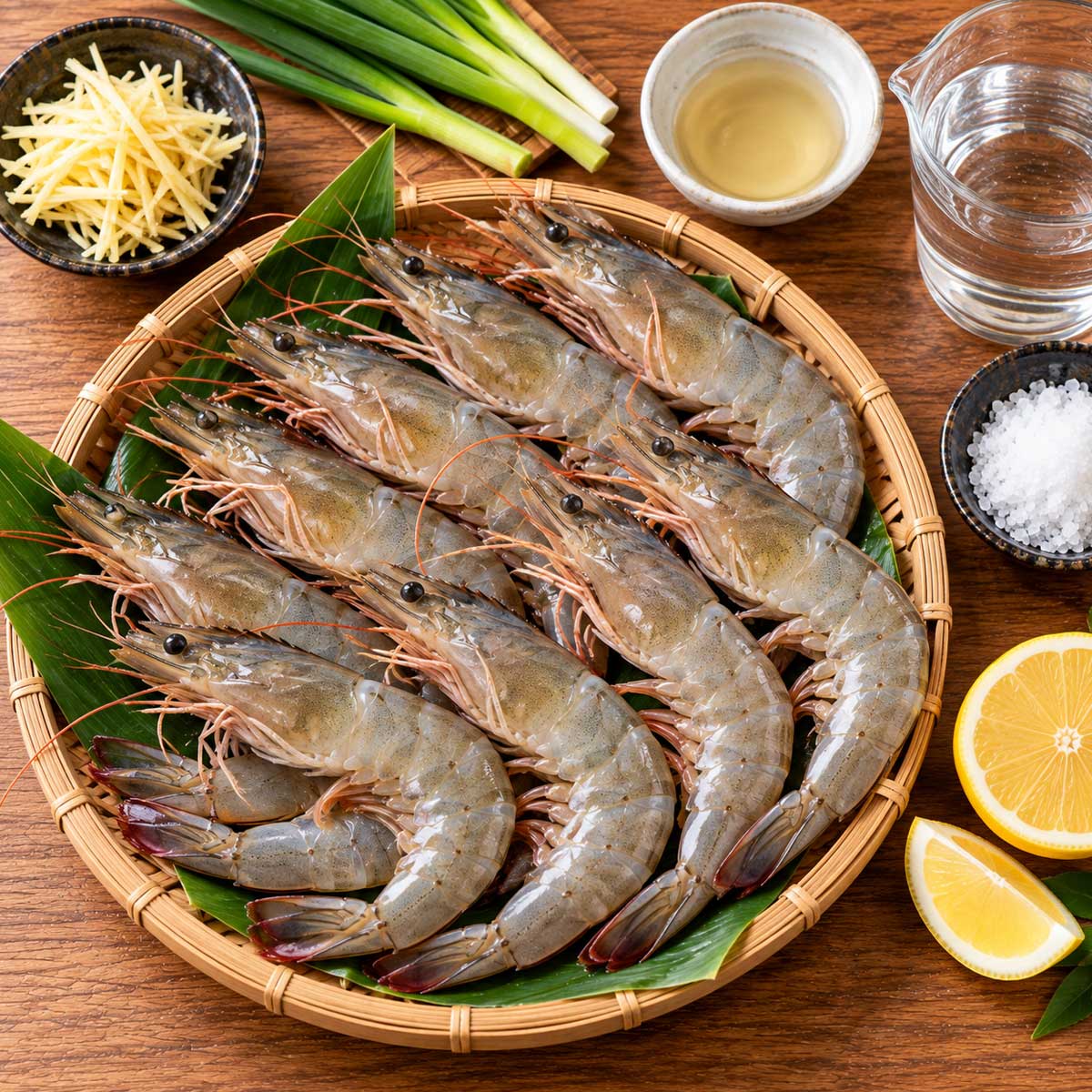整尾生蝦與薑、蔥、米酒、鹽、檸檬等白灼蝦食材