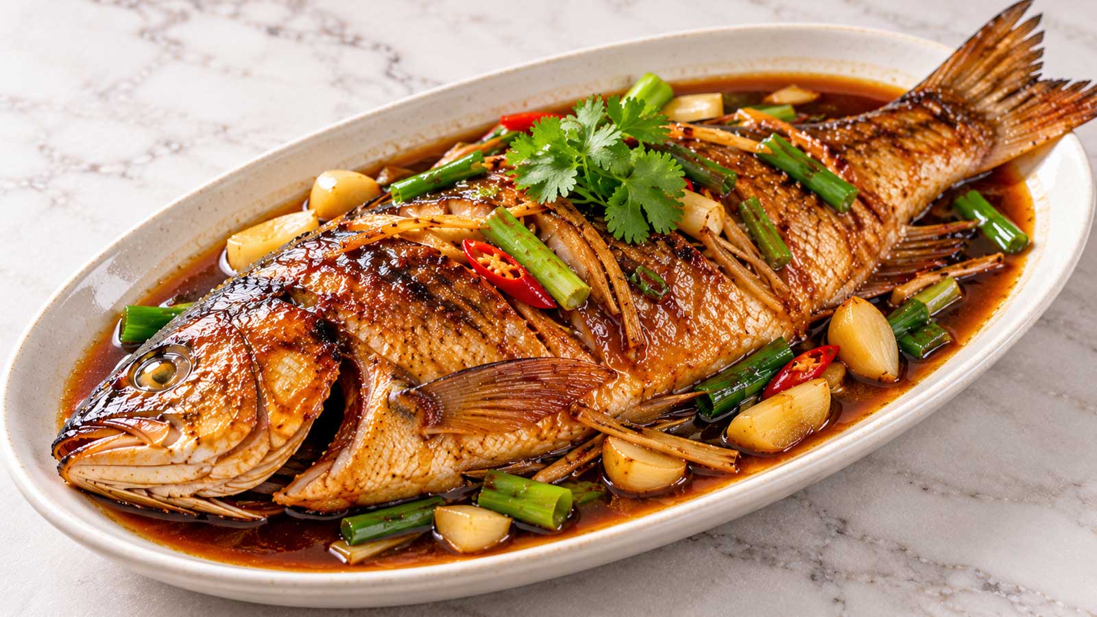 醬色油亮並搭配蔥薑的家常紅燒魚完成料理