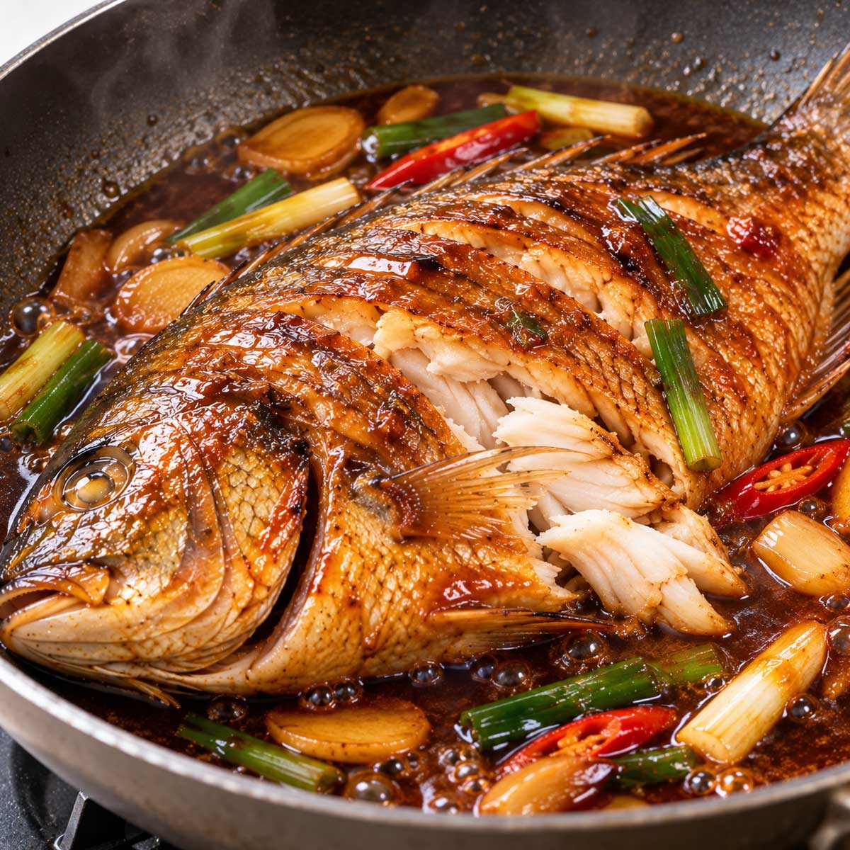 用筷子查看紅燒魚最厚處魚肉熟度