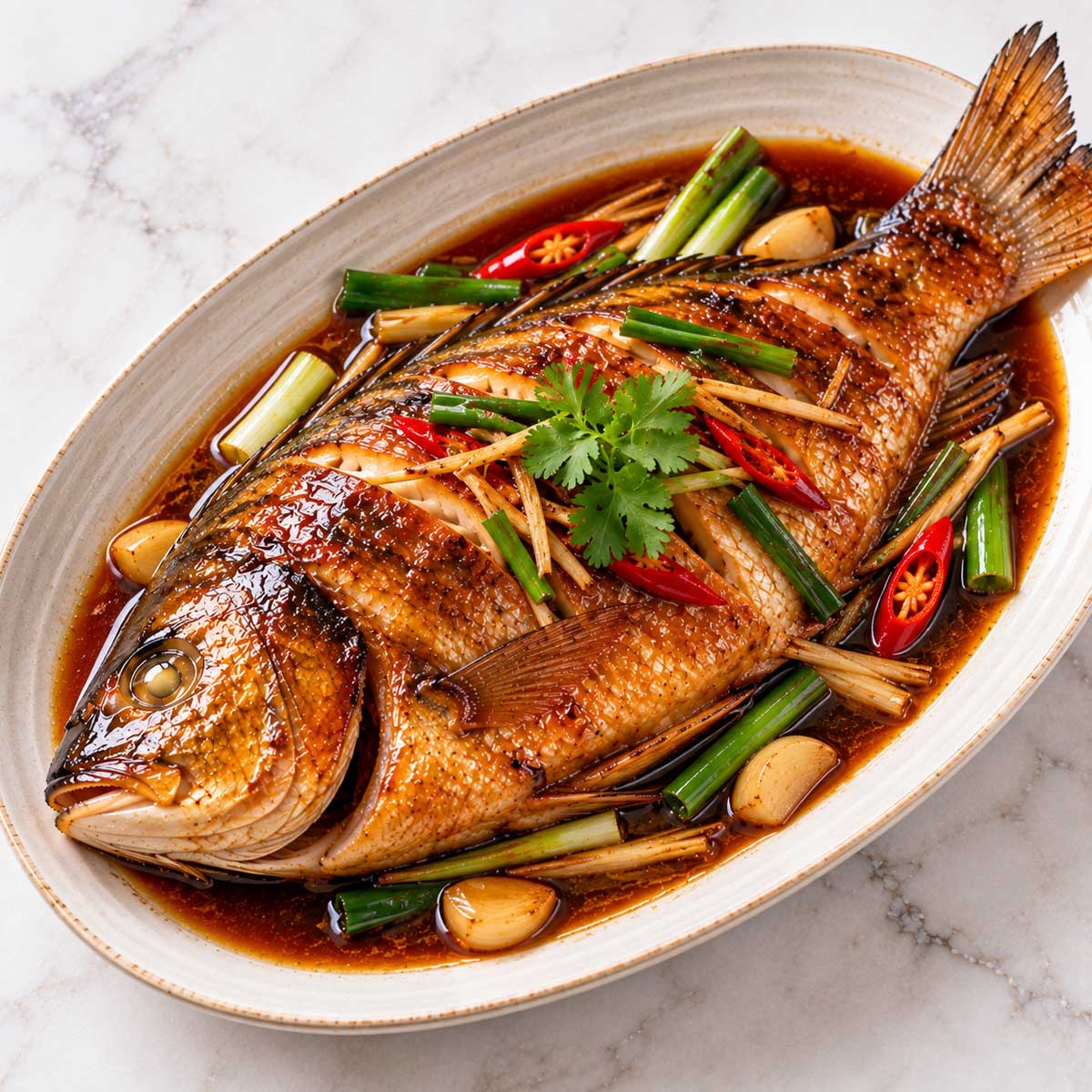 醬汁濃潤並撒上青蔥的紅燒魚完成料理
