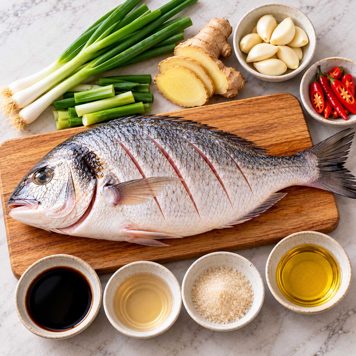 鮮魚、青蔥、薑、蒜、醬油、米酒與糖等紅燒魚食材