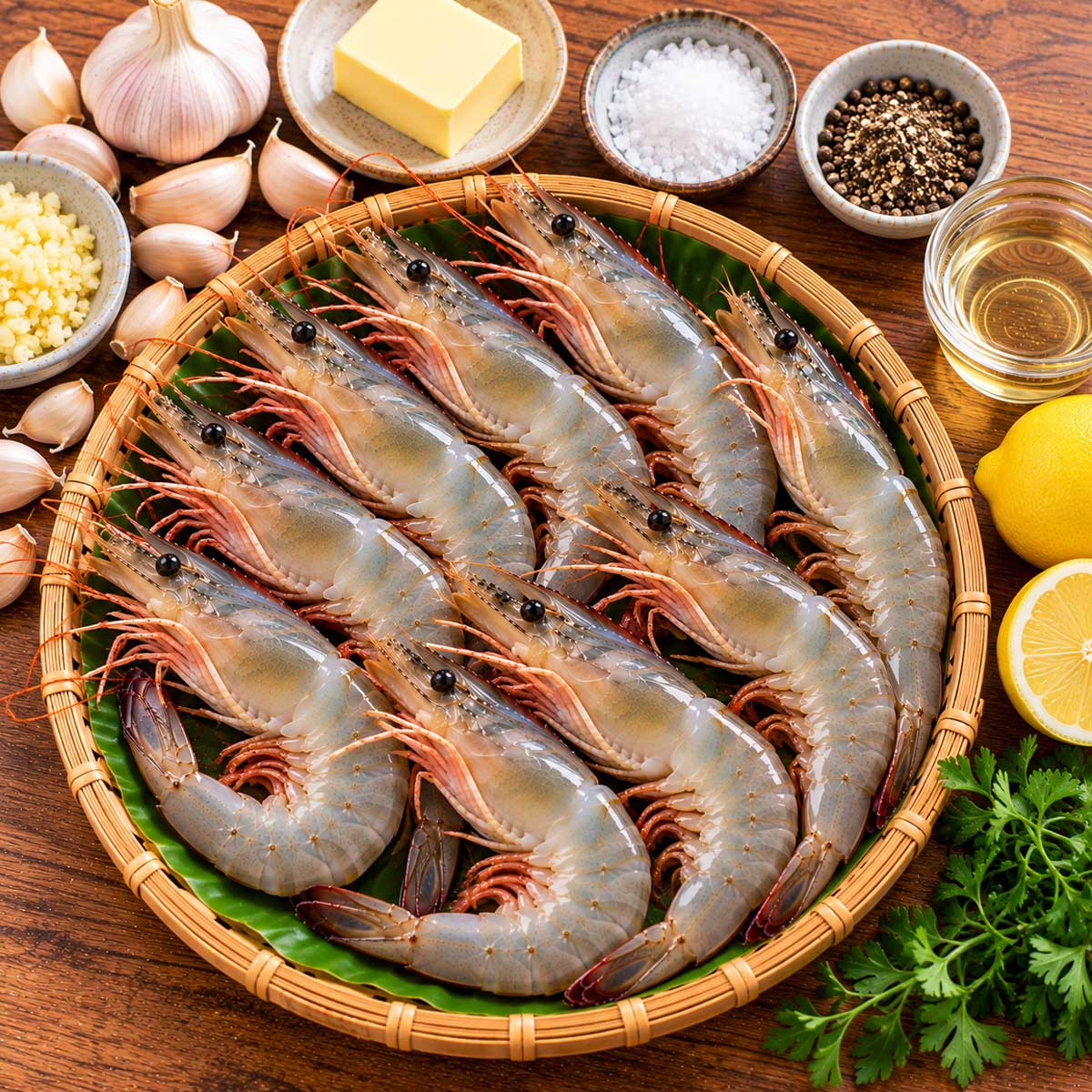 奶油蝦食材有整尾鮮蝦、無鹽奶油、蒜與調味料