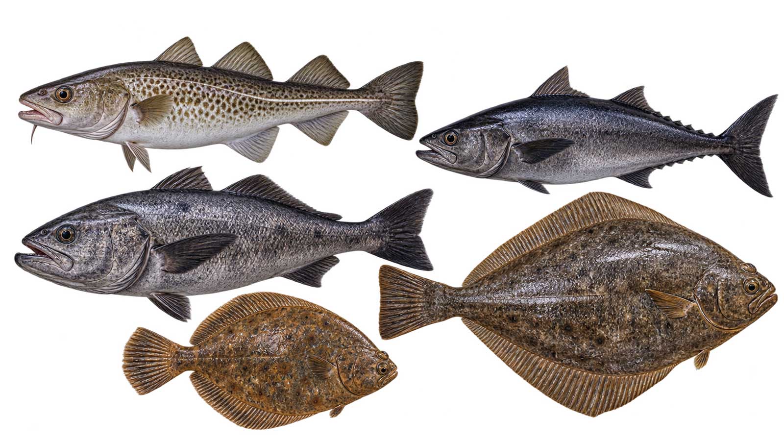 多種鱈魚與比目魚完整魚體展示