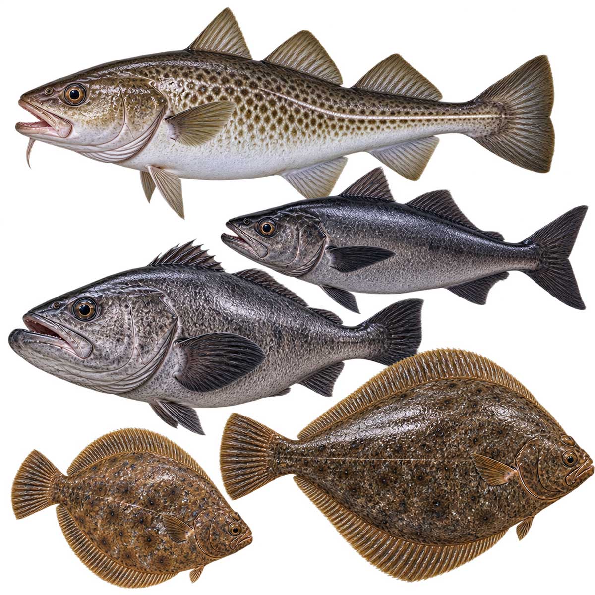 多種鱈魚與比目魚完整魚體展示，用於介紹真鱈、銀鱈、圓鱈、大比目魚與鰈魚差異