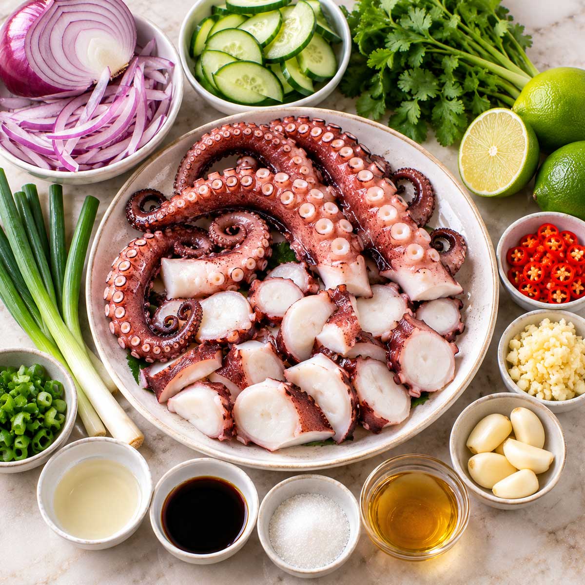 涼拌章魚材料：熟章魚腳、小黃瓜、蒜、醬油、米醋與香油
