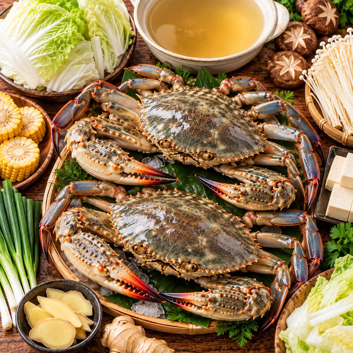 螃蟹火鍋食材:螃蟹、昆布、白菜、菇類與豆腐