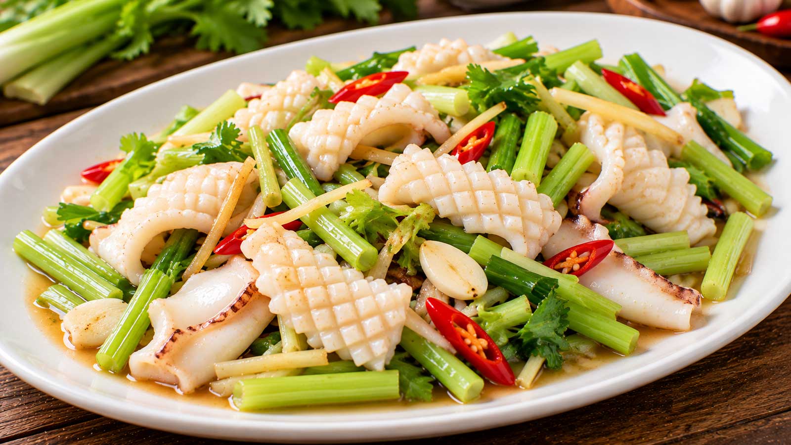 花枝炒芹菜完成料理，花枝片與芹菜盛盤