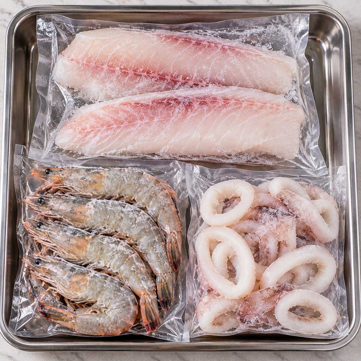 檢查冷凍海鮮包裝及生熟狀態,準備解凍容器