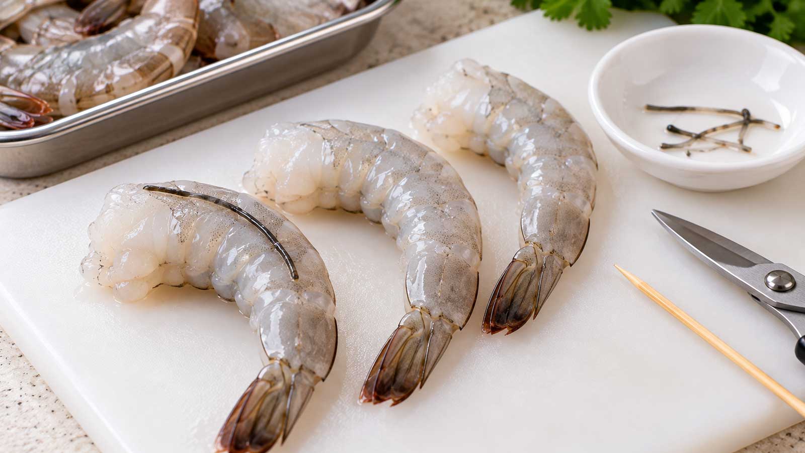 使用牙籤從蝦背挑起腸泥的料理前處理
