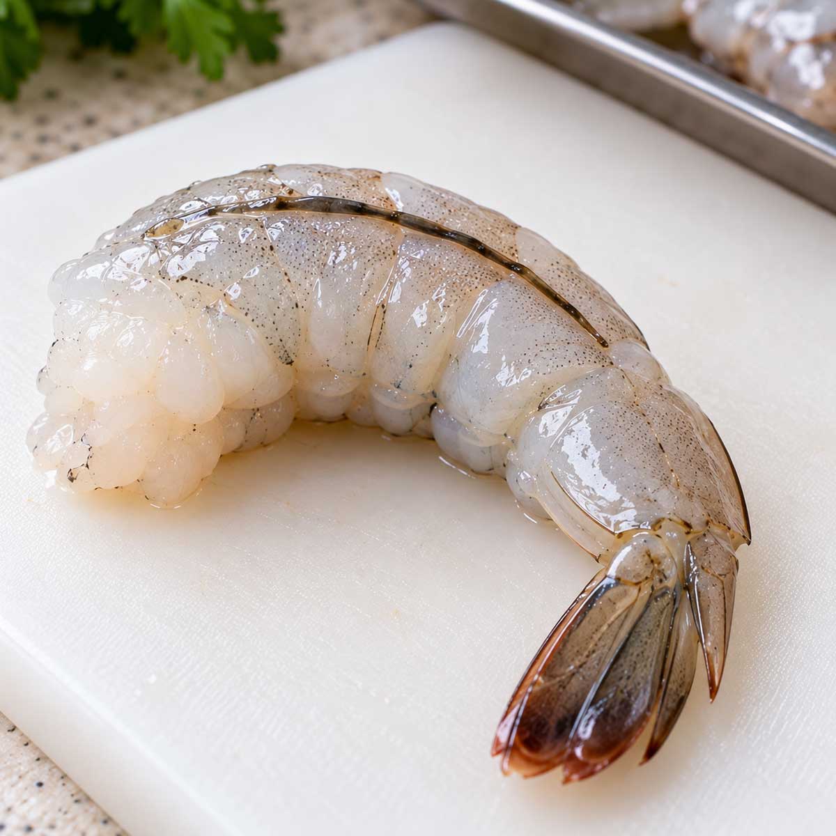 料理前的帶殼蝦、去殼蝦與挑腸泥工具