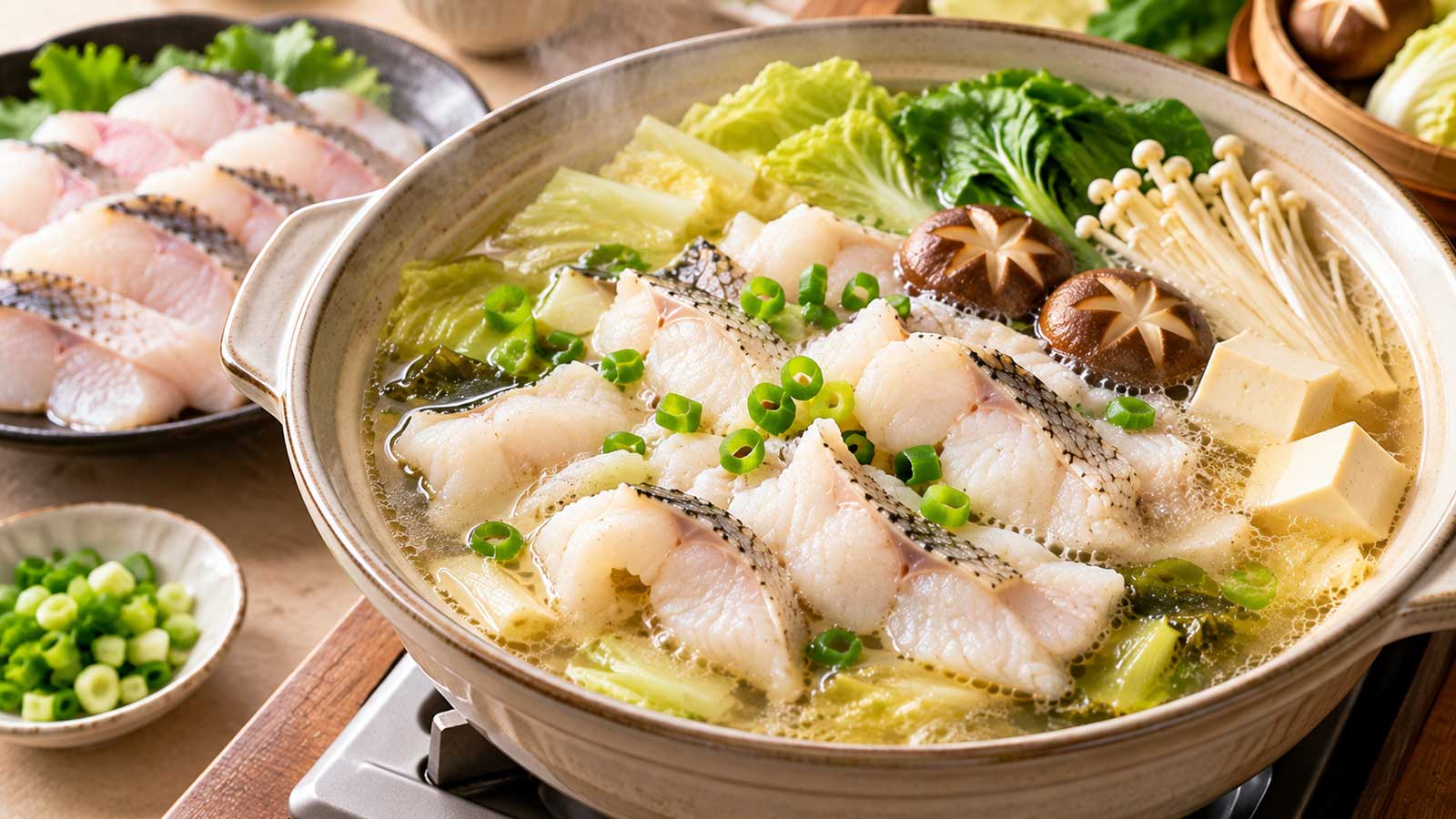 魚片、蔬菜、豆腐與菇類組成的魚片火鍋