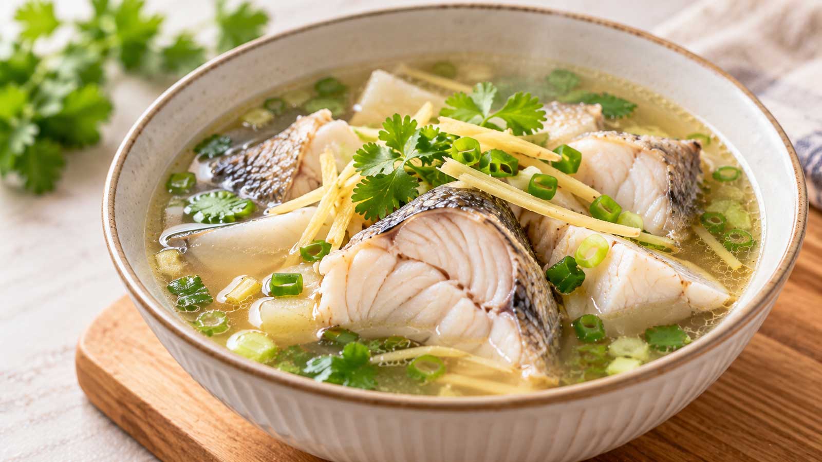 盛有魚塊、豆腐、薑絲與蔥花的家常魚湯