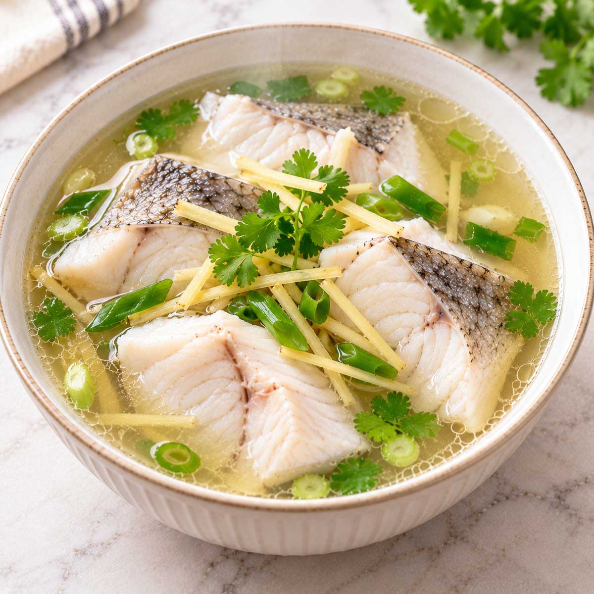 盛有魚塊、豆腐、薑絲與蔥花的家常魚湯