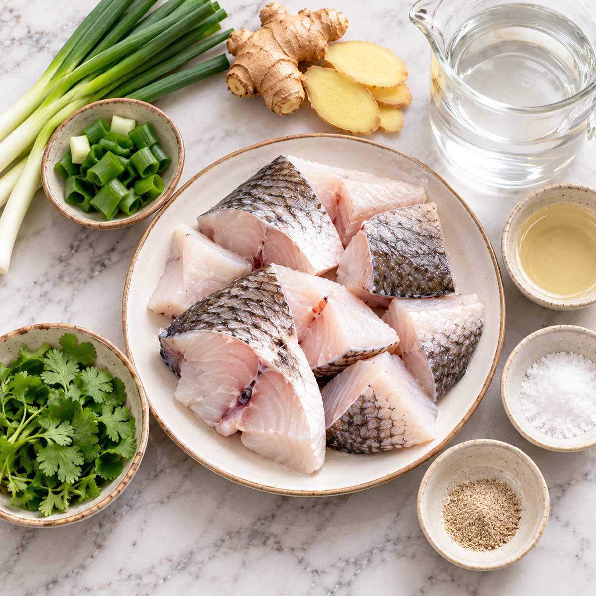 鮮魚、魚骨、豆腐、薑、青蔥與米酒等魚湯食材