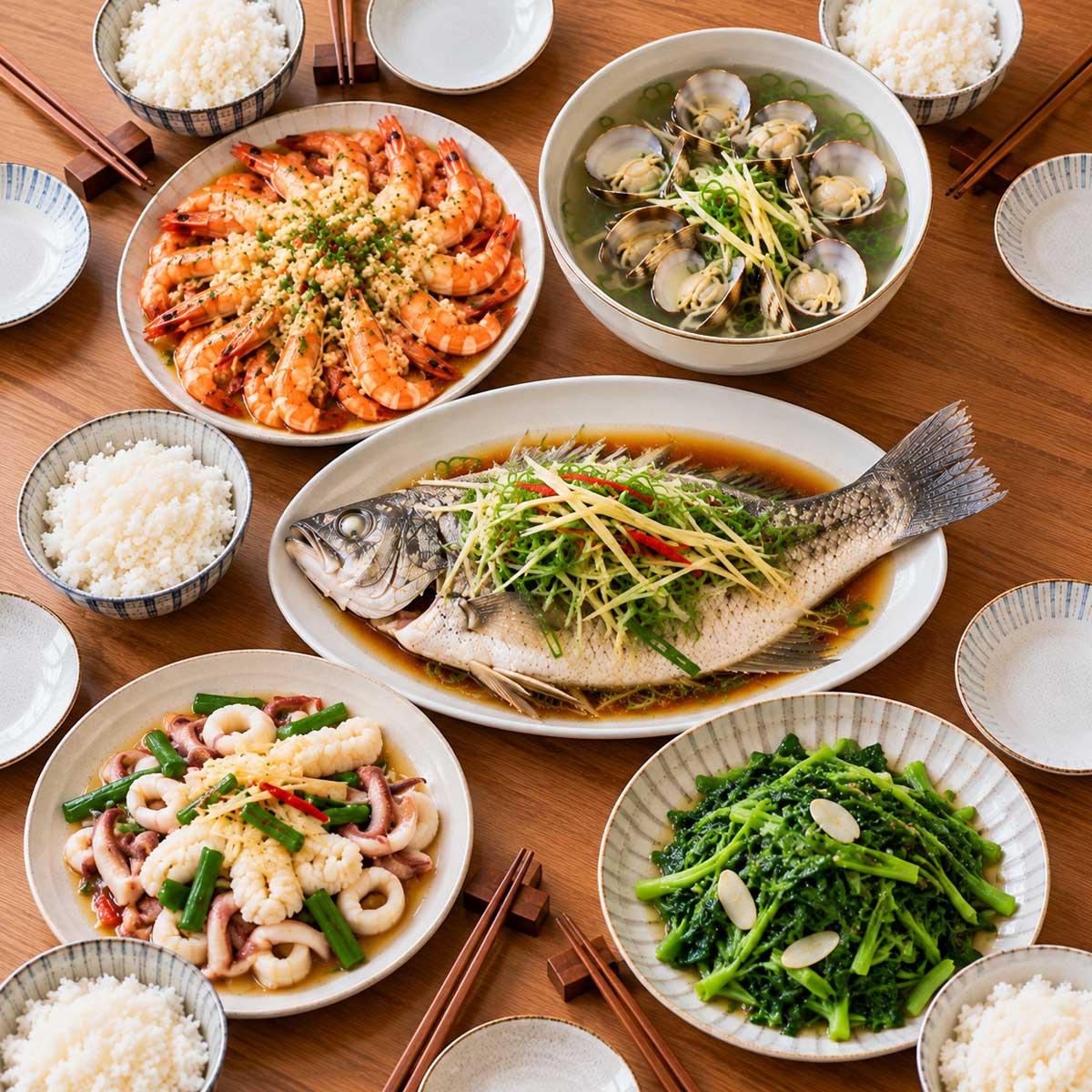 四人海鮮餐桌有清蒸魚、蒜香蝦、炒花枝、蛤蜊湯、青菜與白飯