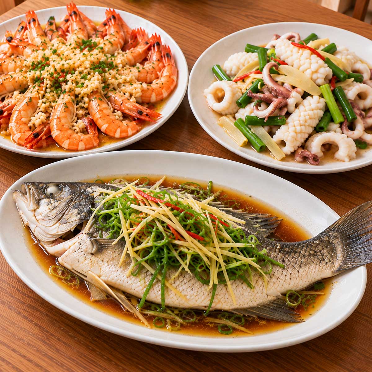 四人海鮮料理主菜：清蒸魚、蒜香蝦與蔥薑炒花枝