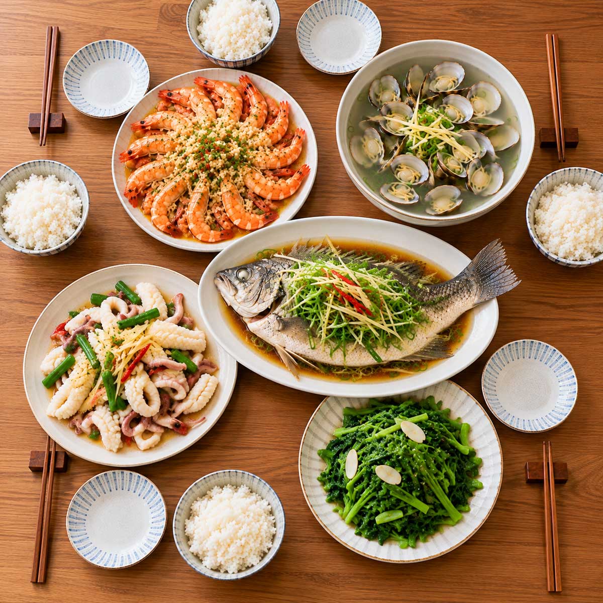 清蒸魚、蒜香蝦、炒花枝、蛤蜊湯、青菜的餐桌示意圖