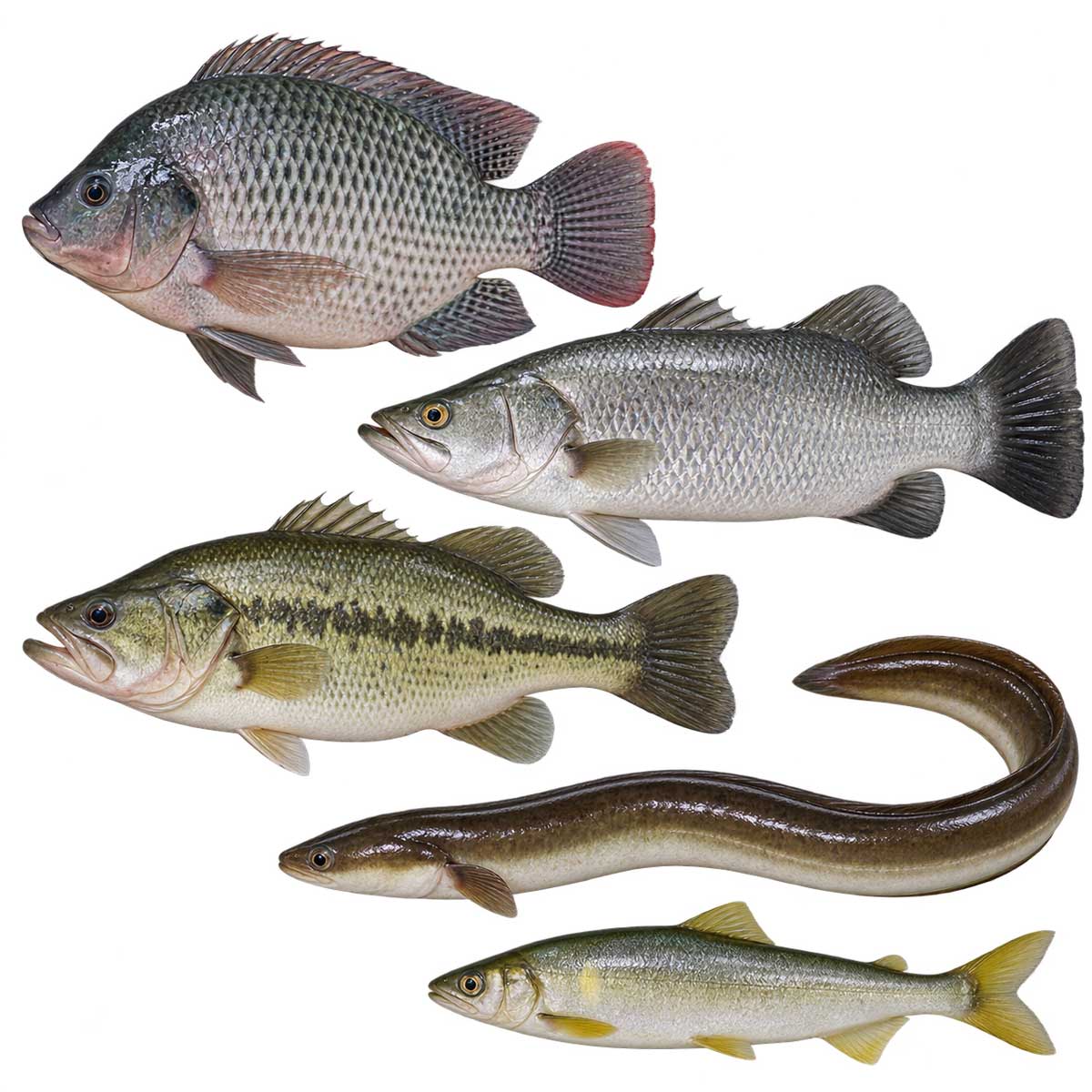 台灣鯛、加州鱸、虹鱒、鰻魚與香魚等淡水魚類外觀
