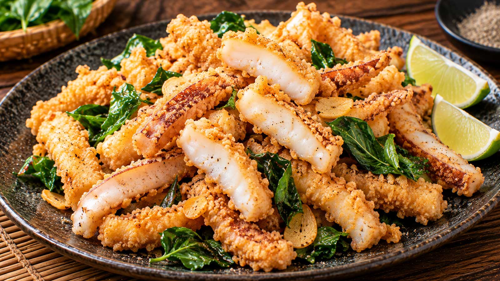 炸花枝完成料理，金黃酥脆花枝片盛盤