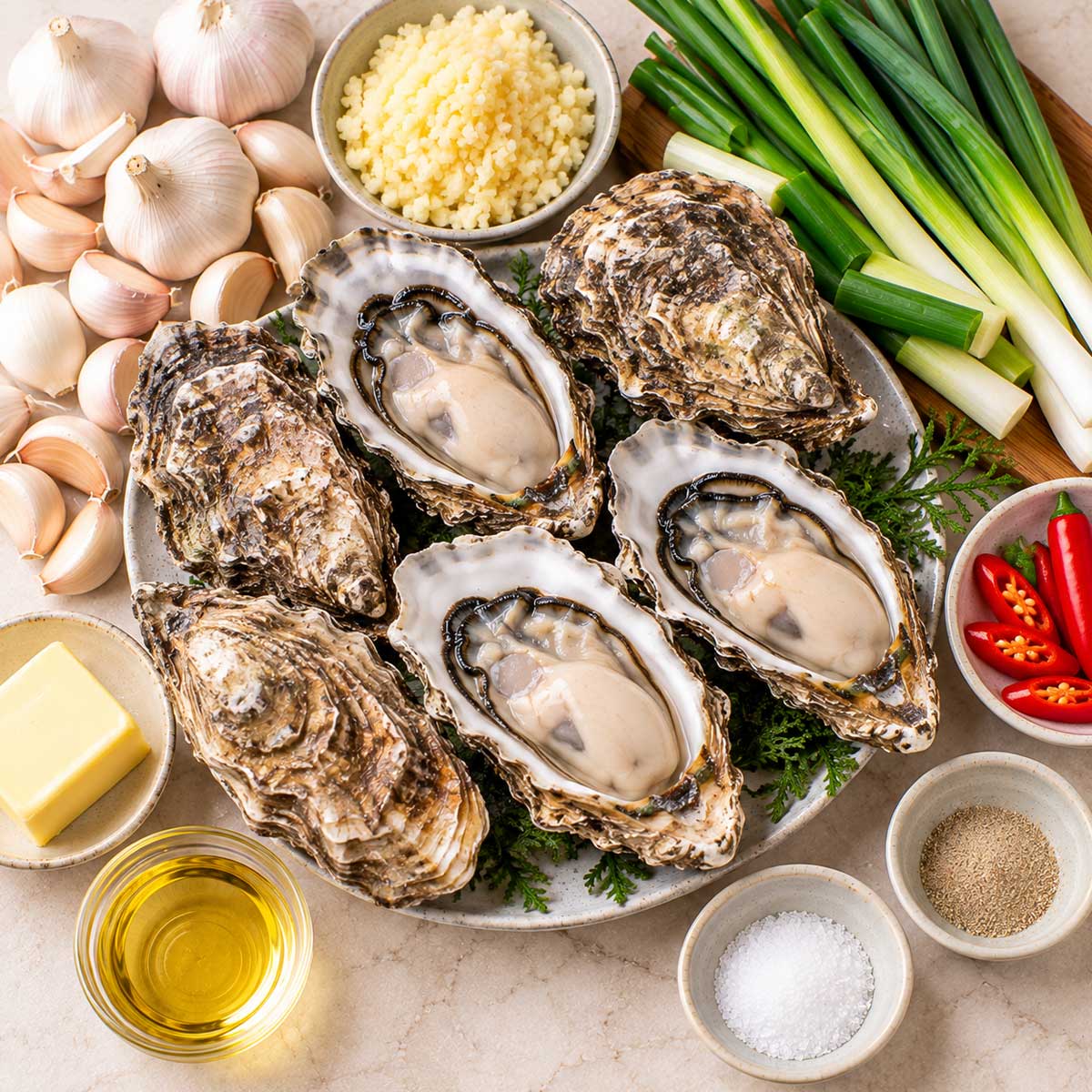 蒜蓉烤生蠔材料：帶殼生蠔、蒜、蔥、油與醬油