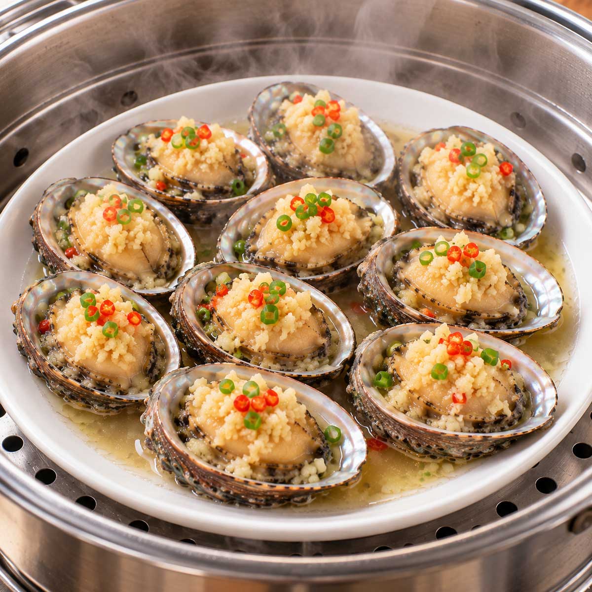 九孔鮑魚鋪上蒜蓉後在蒸盤加熱的料理步驟