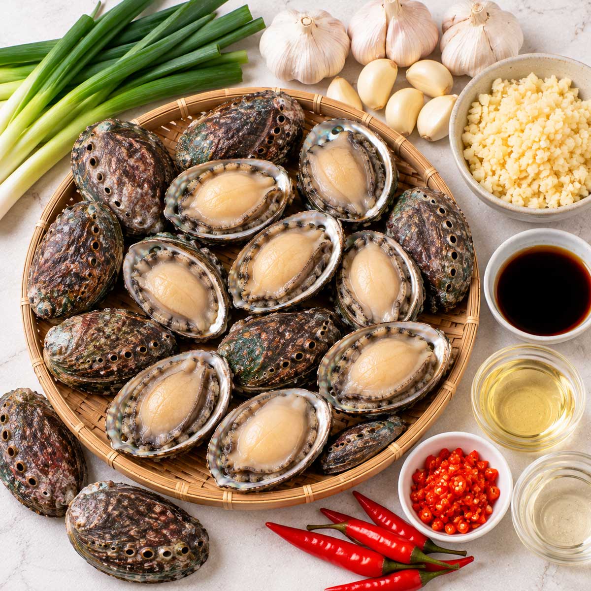 蒜蓉蒸九孔材料:九孔鮑魚、蒜頭、食用油、醬油與蔥花