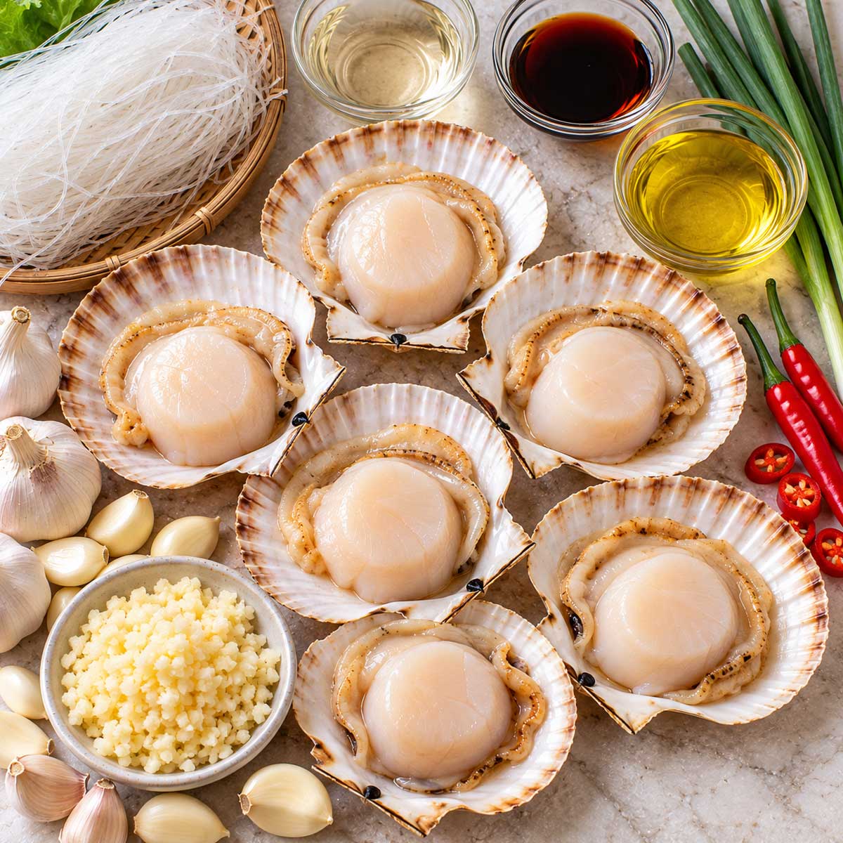 蒜蓉蒸扇貝材料:帶殼扇貝、蒜頭、食用油、醬油與蔥花