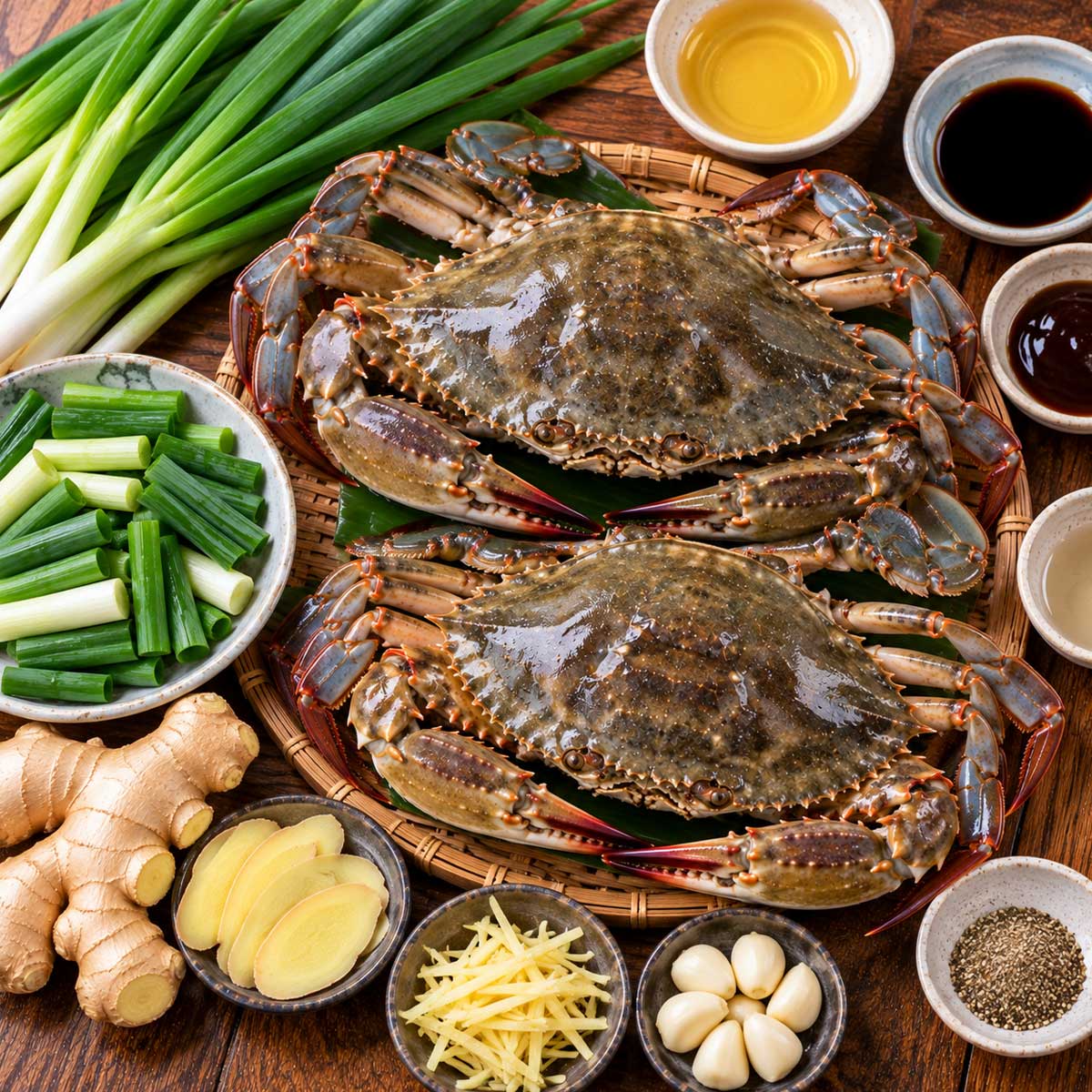 薑蔥炒蟹食材:螃蟹、薑、蔥與調味料