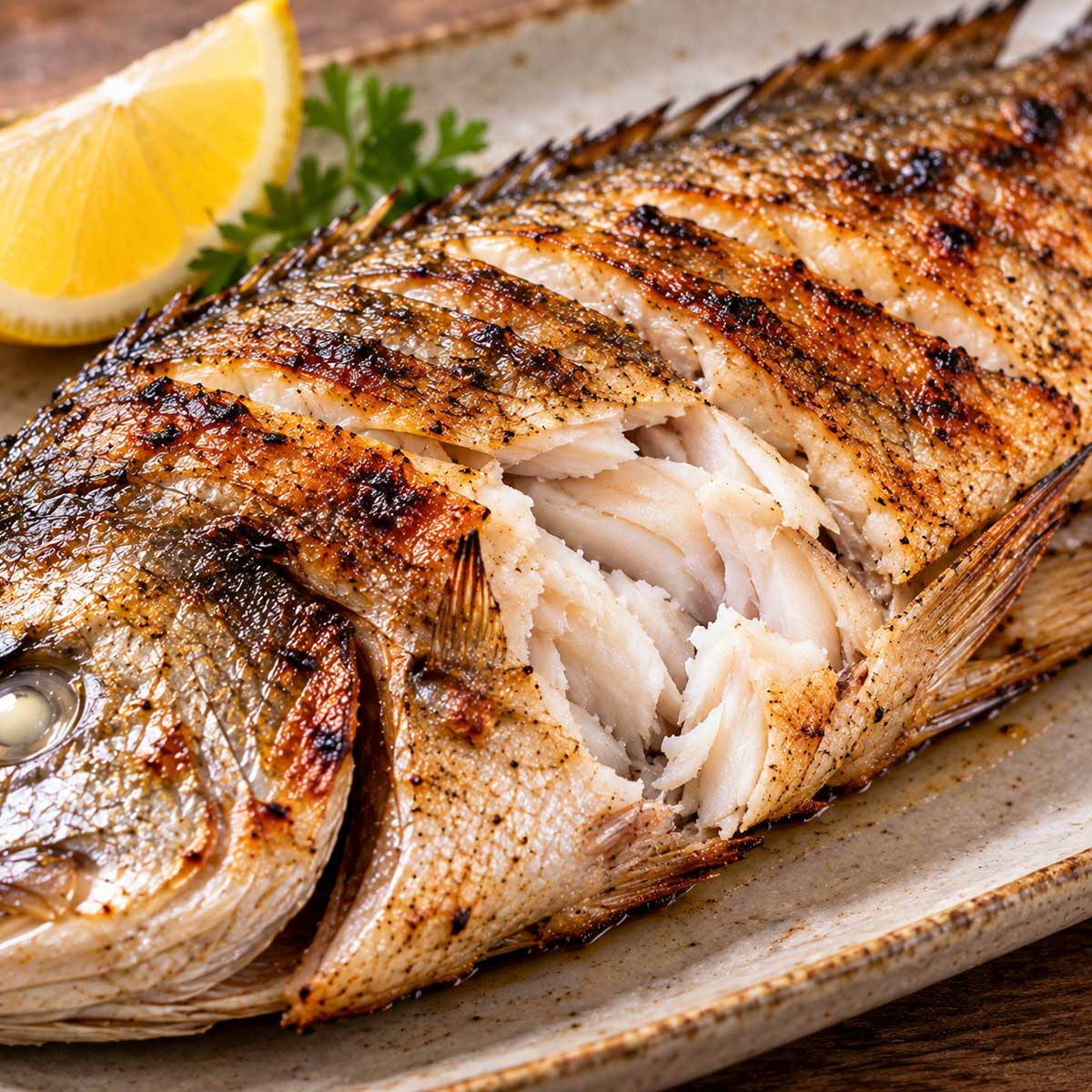 撥開烤魚最厚處查看不透明魚肉與熟度