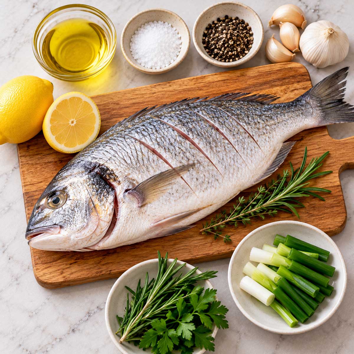 鮮魚、鹽、胡椒、食用油、薑、青蔥與檸檬等烤魚食材