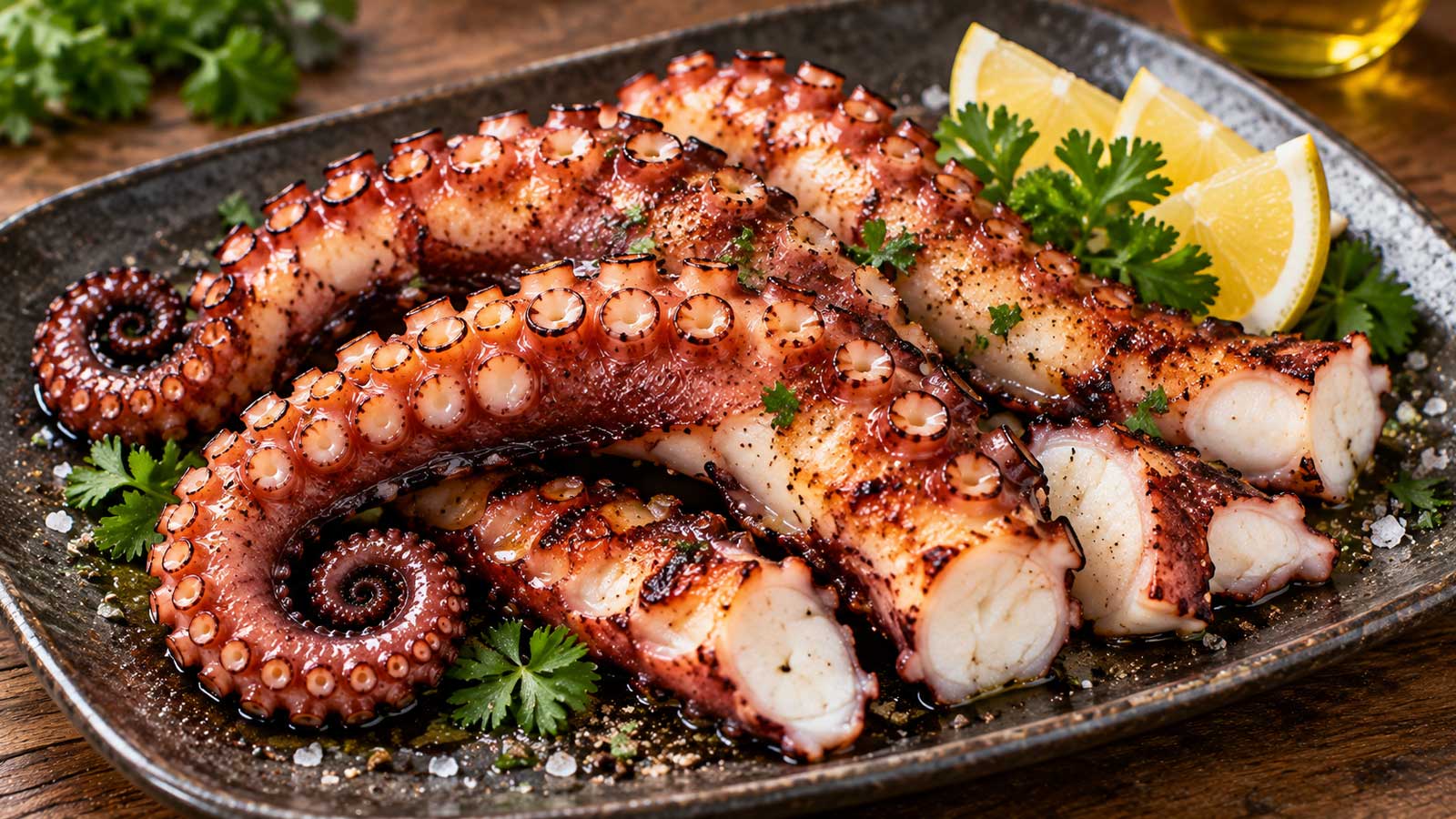 烤章魚完成料理，章魚腳表面帶焦香烤痕盛盤