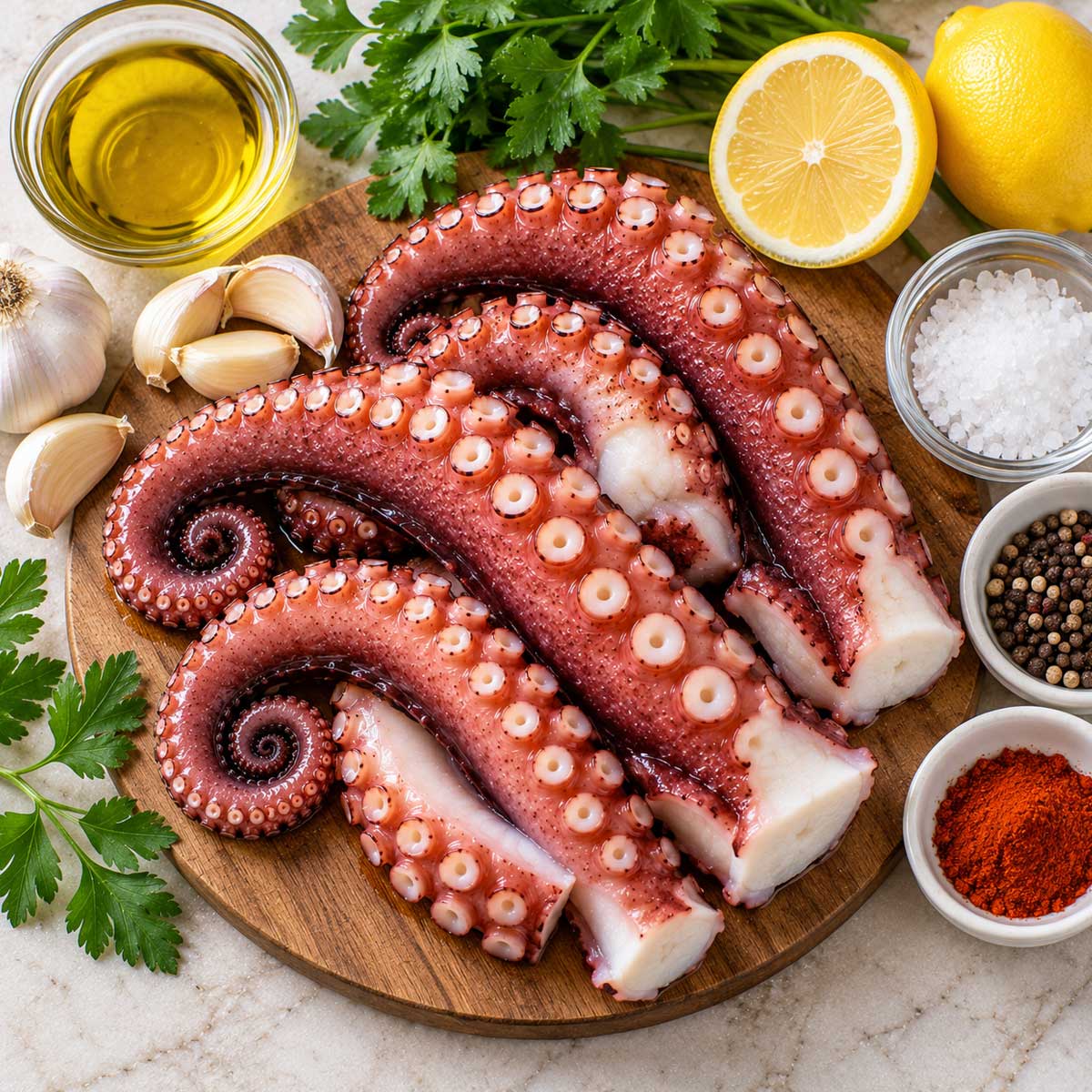 烤章魚材料：已熟章魚腳、食用油、鹽、黑胡椒與檸檬