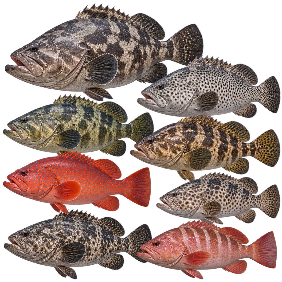 多種石斑魚完整魚體展示，用於介紹石斑魚種類與品種差異