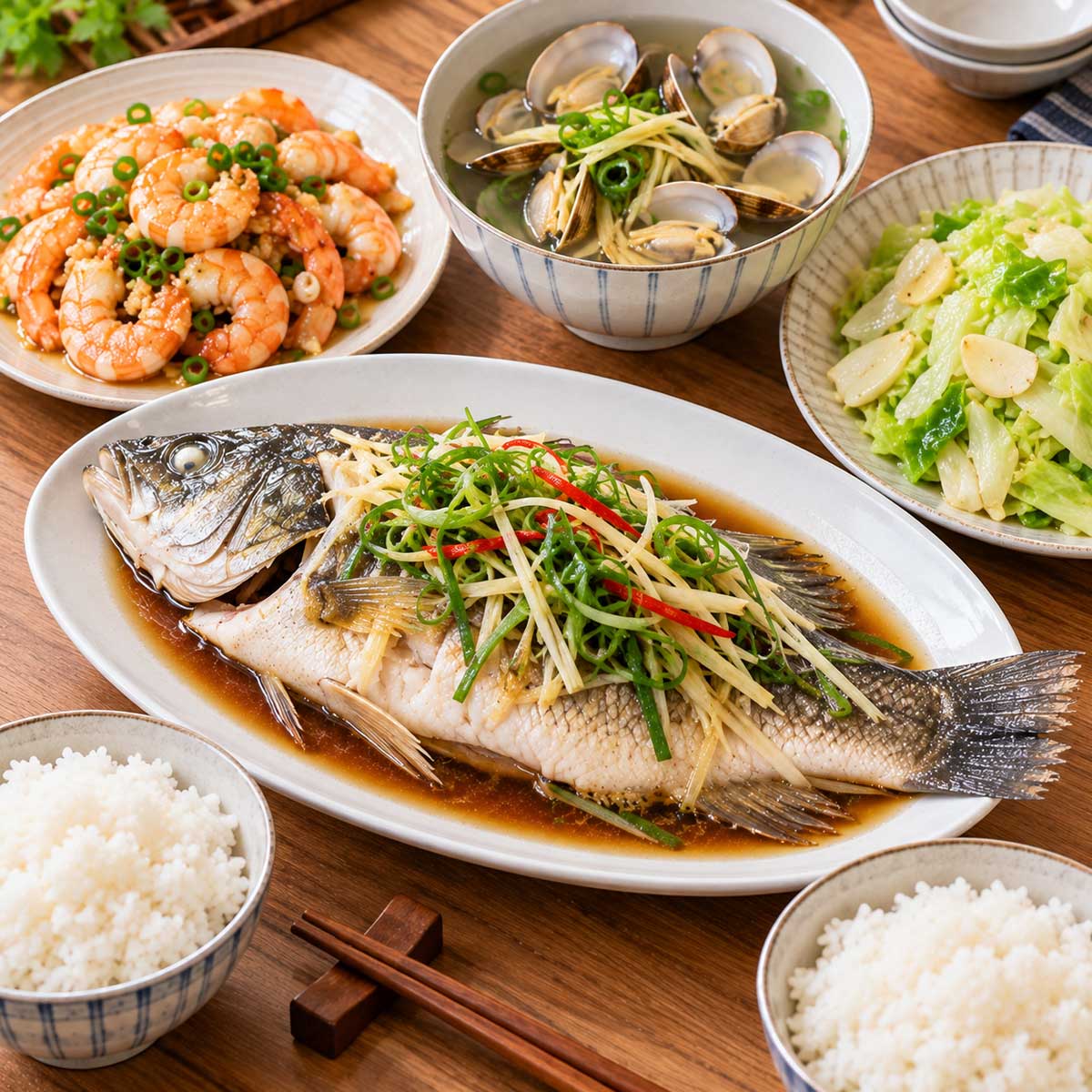 家常海鮮餐桌有清蒸魚、蒜香蝦、蛤蜊湯、炒高麗菜與白飯