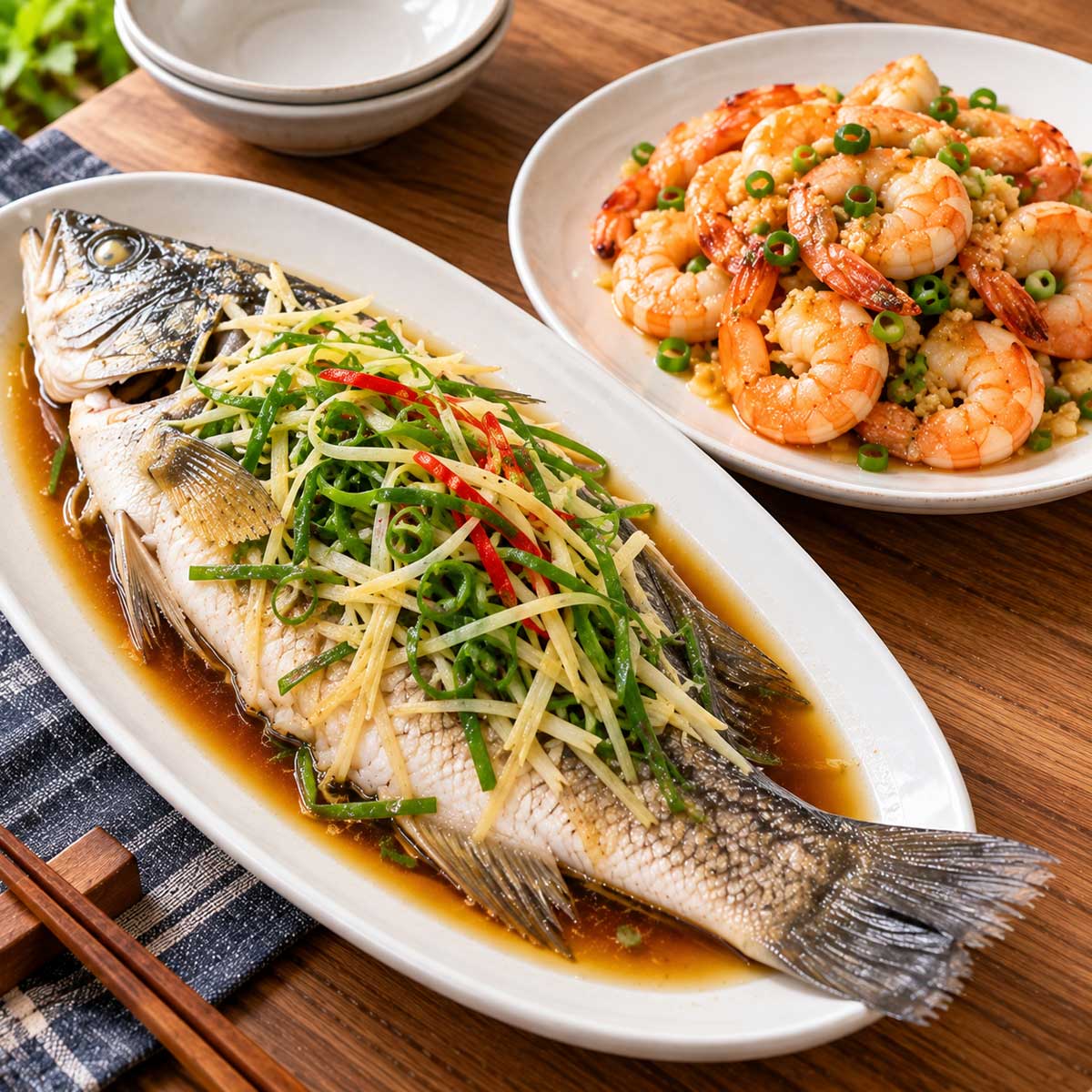 家常海鮮料理的清蒸魚與蒜香蝦主菜