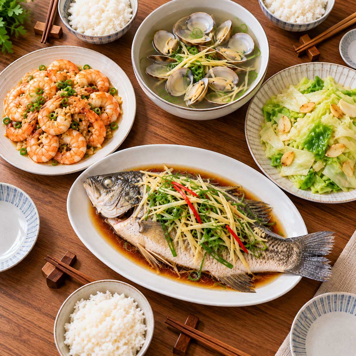 清蒸魚、蒜香蝦、蛤蜊湯、白飯的餐桌示意圖