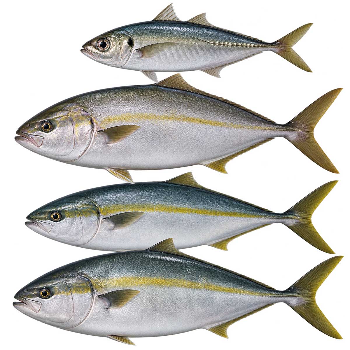 多種鰺與紅甘類完整魚體展示，用於介紹竹筴魚、紅甘、黃尾鰤與鰤魚差異