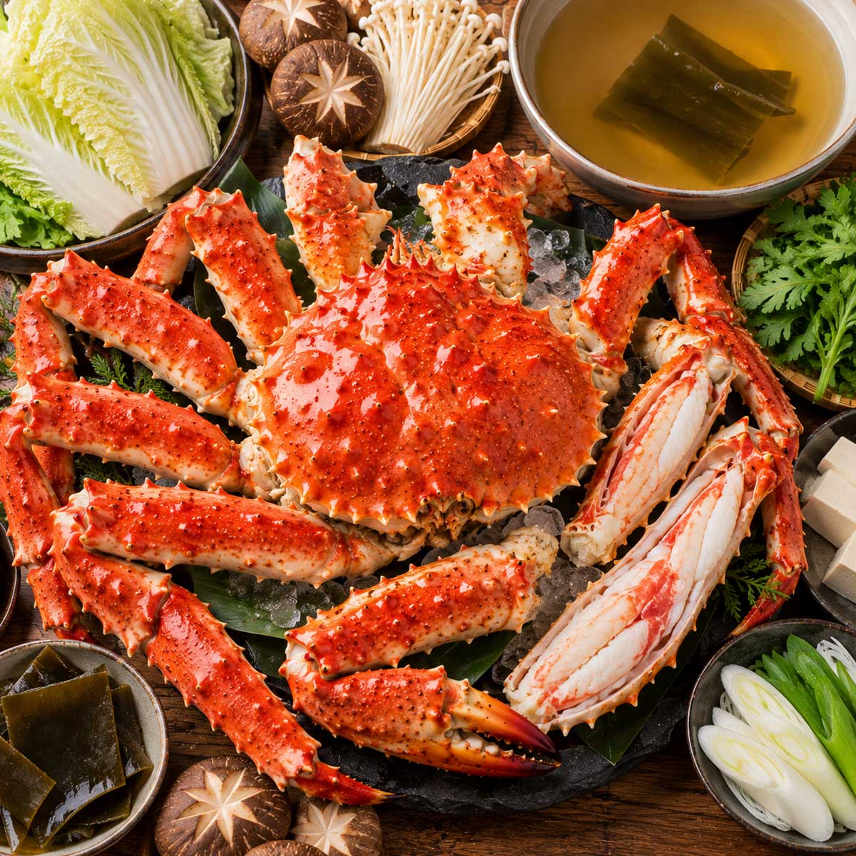 帝王蟹火鍋材料:蟹腳、昆布、薑、白菜、菇類與豆腐