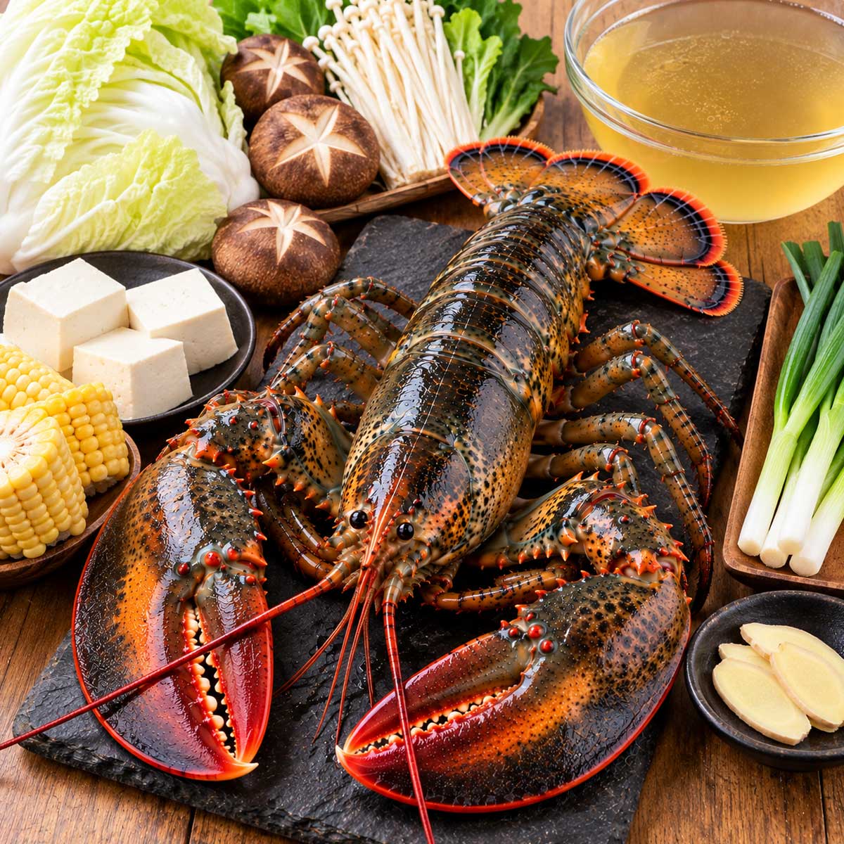 龍蝦火鍋食材包括龍蝦、白菜、菇類、豆腐與昆布