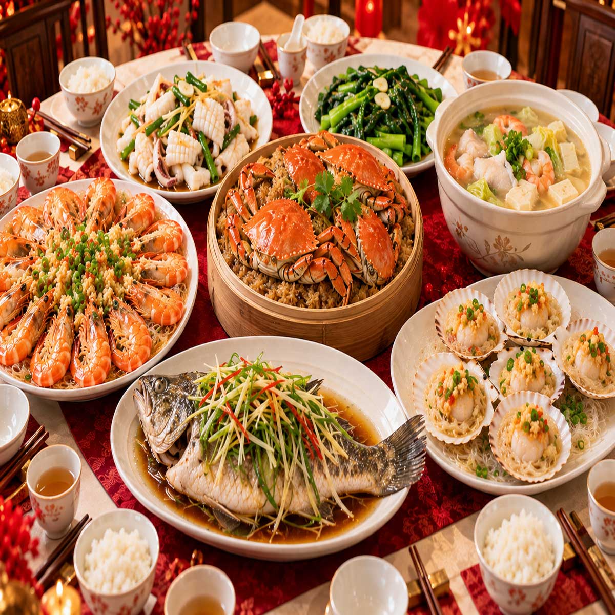 清蒸魚、蒸蟹、蒜蓉蒸蝦、扇貝、炒花枝、湯的餐桌示意圖