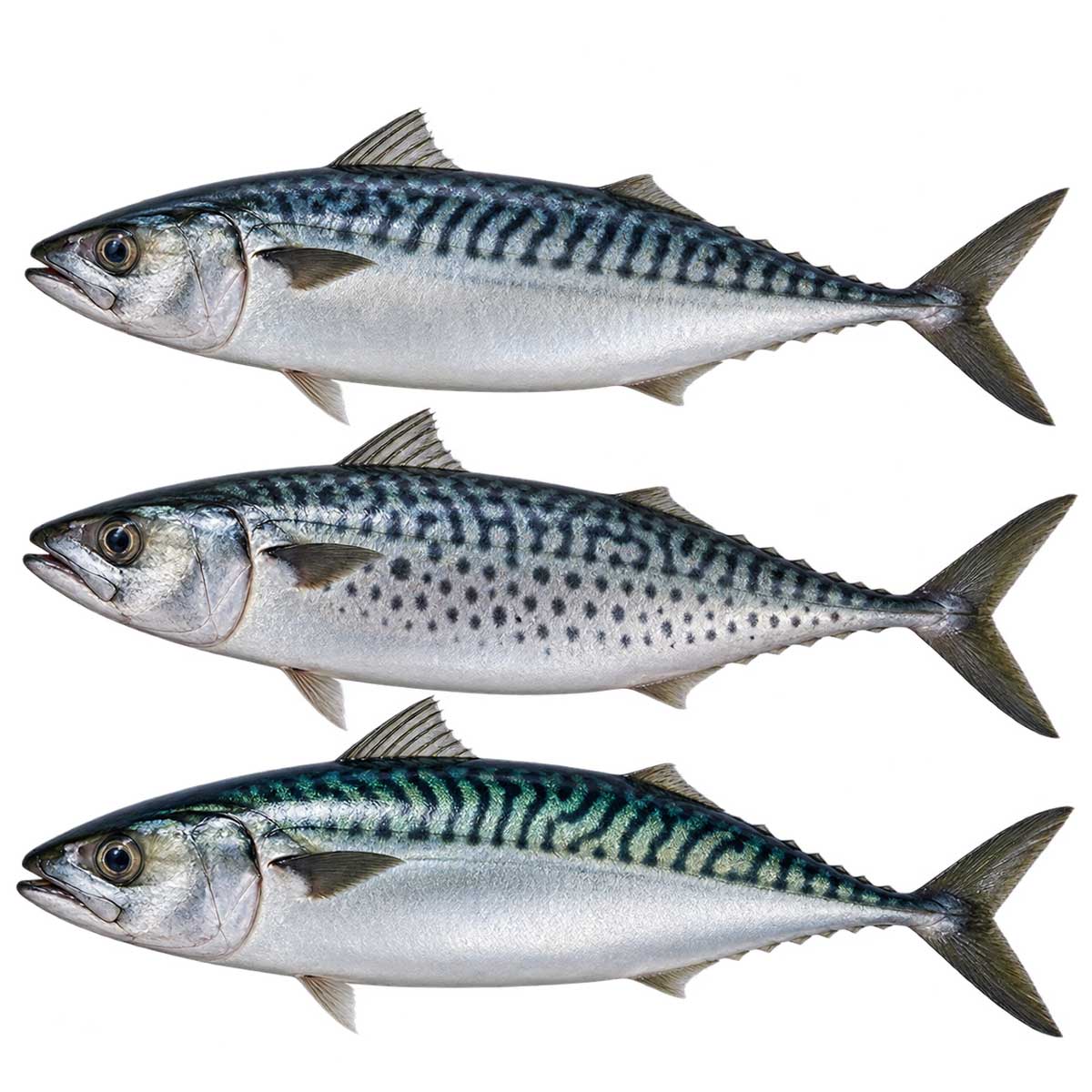 多種鯖魚完整魚體展示，用於介紹白腹鯖、花腹鯖與挪威鯖魚差異